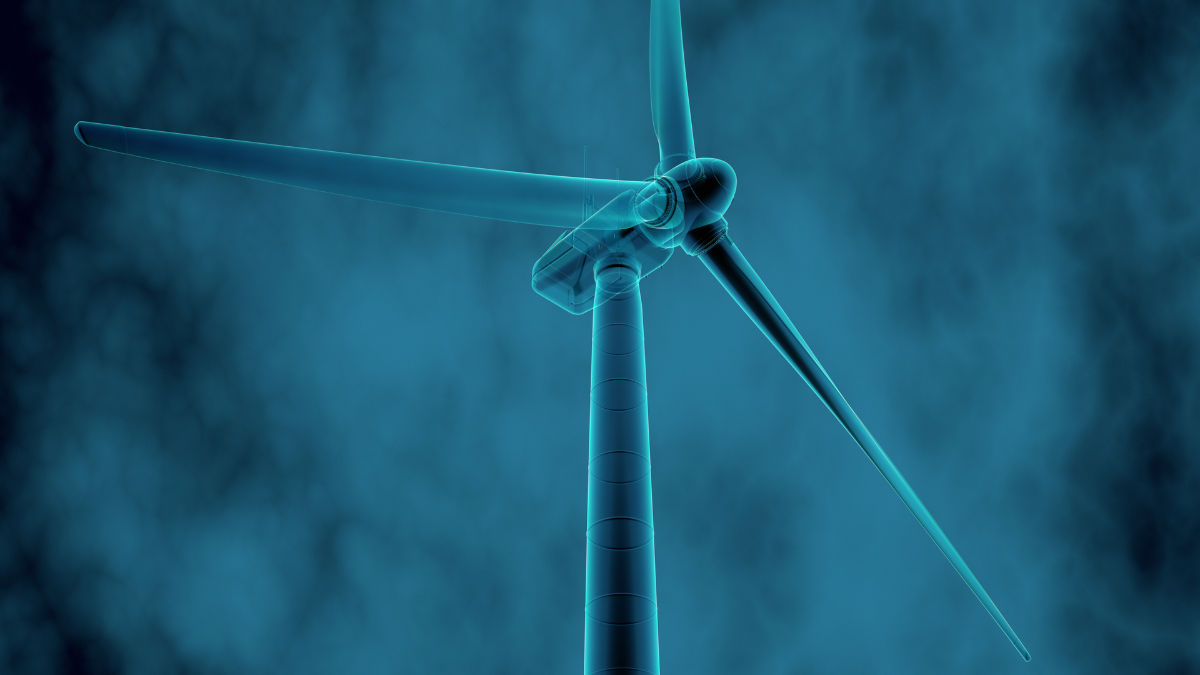 Turbina eólica digital con efecto translúcido que simboliza la digitalización y el uso de IA en la energía eólica.